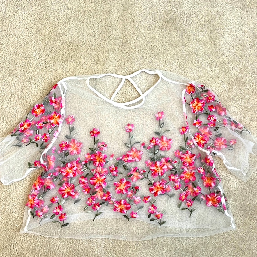 Sheer SHEIN 2X plus size floral mesh top with floral embroidery!
